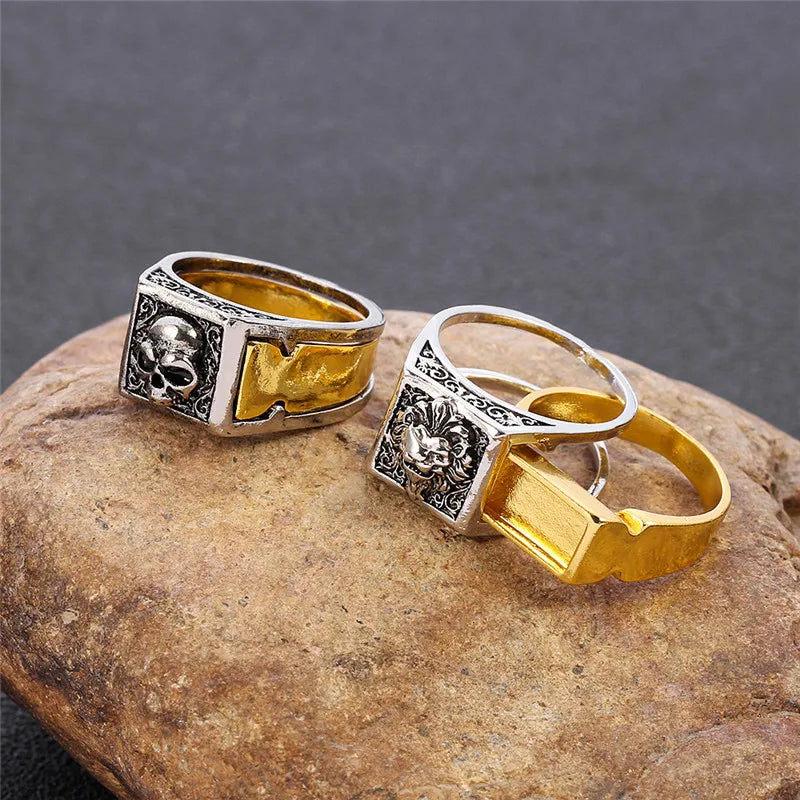 Skull & Lion Secret Compartment Signet Ring — Two-Tone