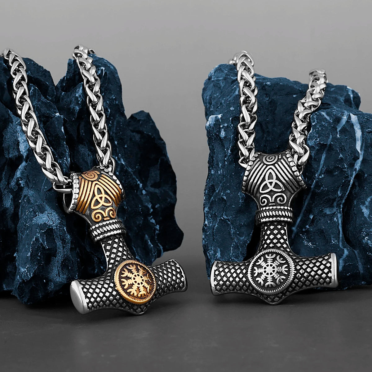 Nordic Viking Thor's Hammer Compass Necklace Vintage Stainless Steel Mixed Gold Color Vegvisir Jewelry Scandinavian