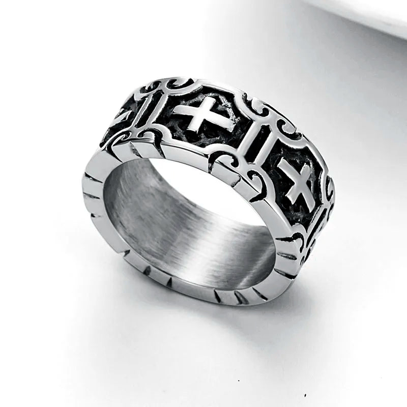 Valily Classic Retro Christian Jesus Cross Ring Stainless Steel Christian Believers Punk Rock Men's Round Rings Band