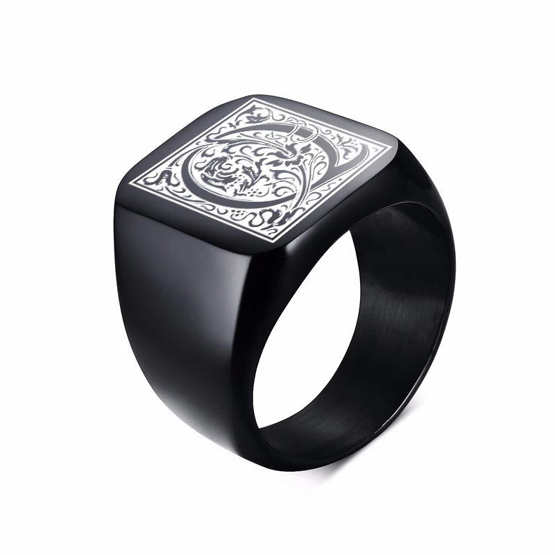 Monogram Black Signet Ring — Stainless Steel