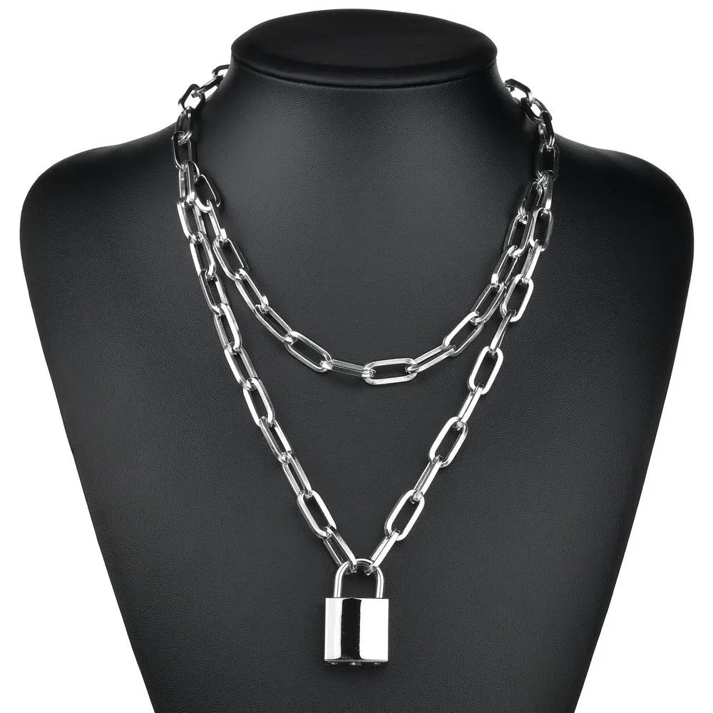 Two-Tone Lock Pendant Double Layer Chain Necklace