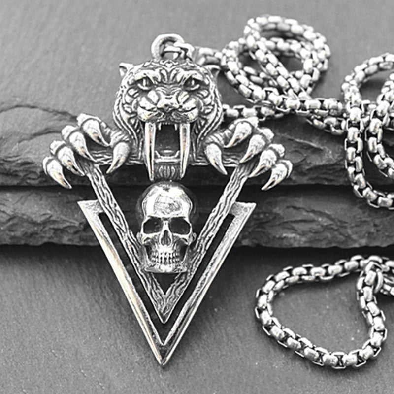 Tiger Tooth Skull Pendant Necklace — Stainless Steel