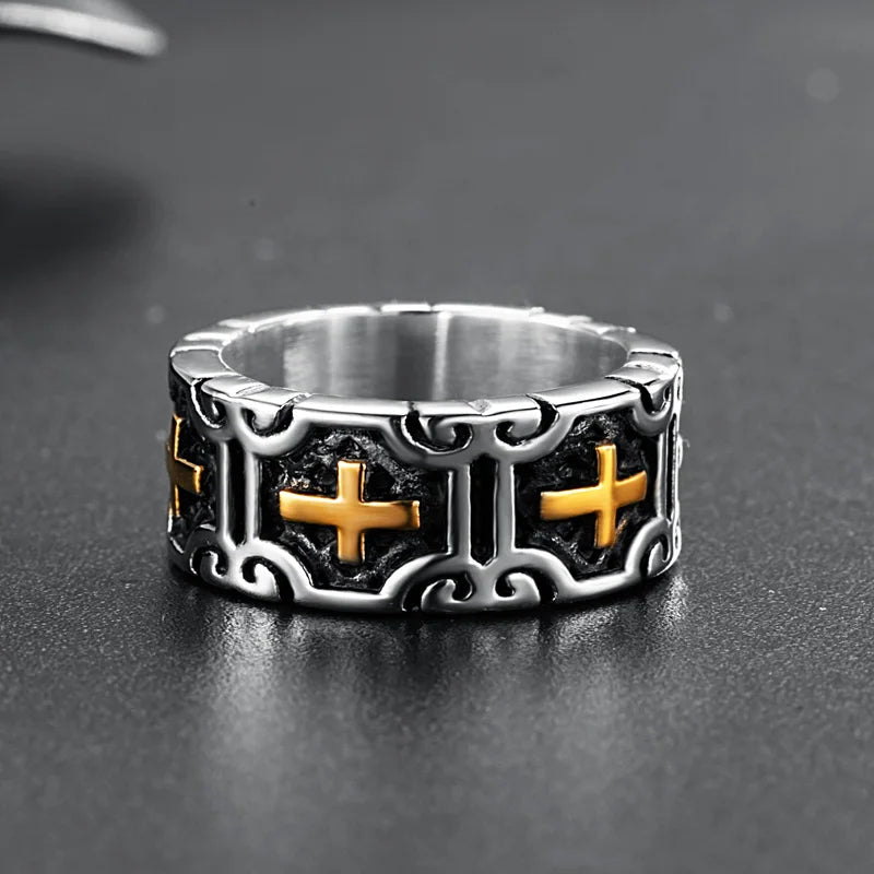 Valily Classic Retro Christian Jesus Cross Ring Stainless Steel Christian Believers Punk Rock Men's Round Rings Band