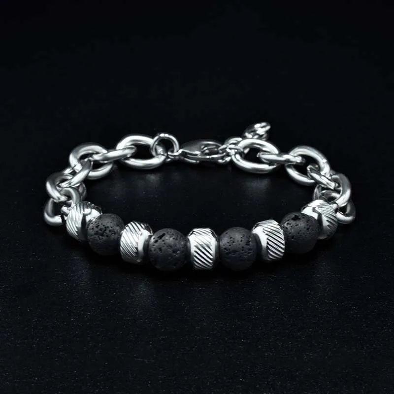 Bead and Chain Link Bracelet — Stainless Steel