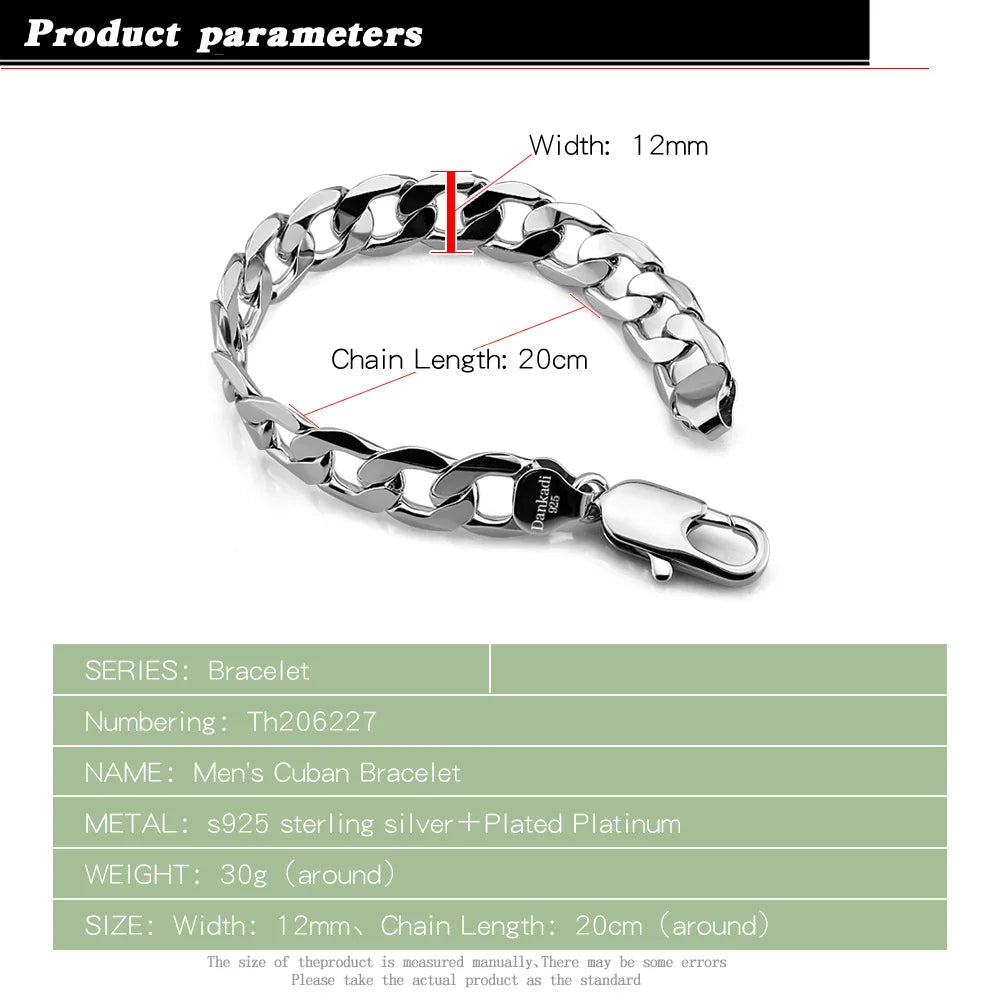 Cuban Chain Bracelet for Men — Silver-Tone, 12mm Width