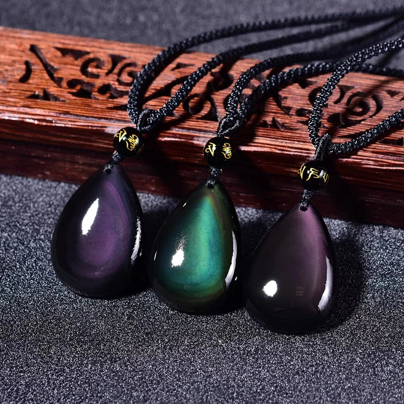 Natural Black Obsidian Rainbow Green Purple Flash Light Pendant Water Drop Necklace Drop Shipping