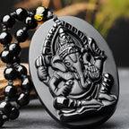 Beautiful Handwork Natural Black Obsidian Carved Elephant Nose Buddha God of Wealth Lucky Pendant + Beads Necklace Gift Jewelry