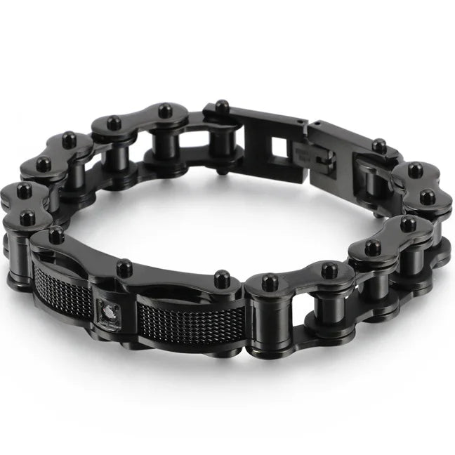 Rock And Roll CZ & 316L Stainless Steel Cast Metal Bicycle Chain Men's Bracelets For Man Boys Biker Jewellery