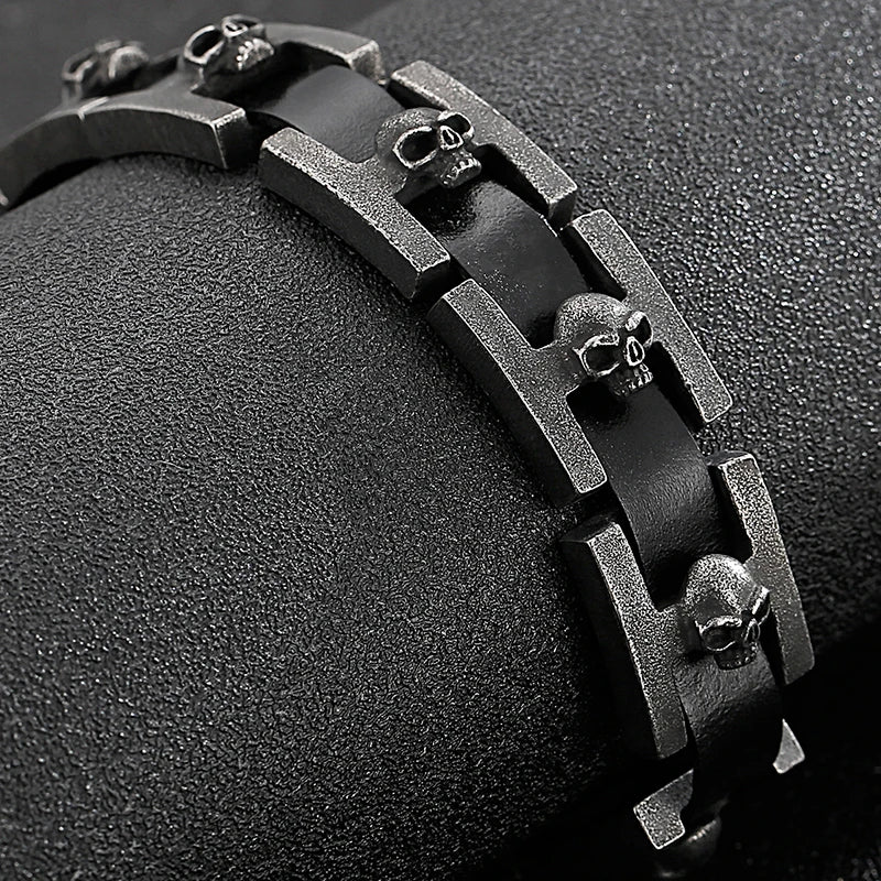 Ghost Skull Head Shaped Men's Leather Bracelets With Belt Buckle Stainless Steel On Hand Bands For Men Male Wristbands