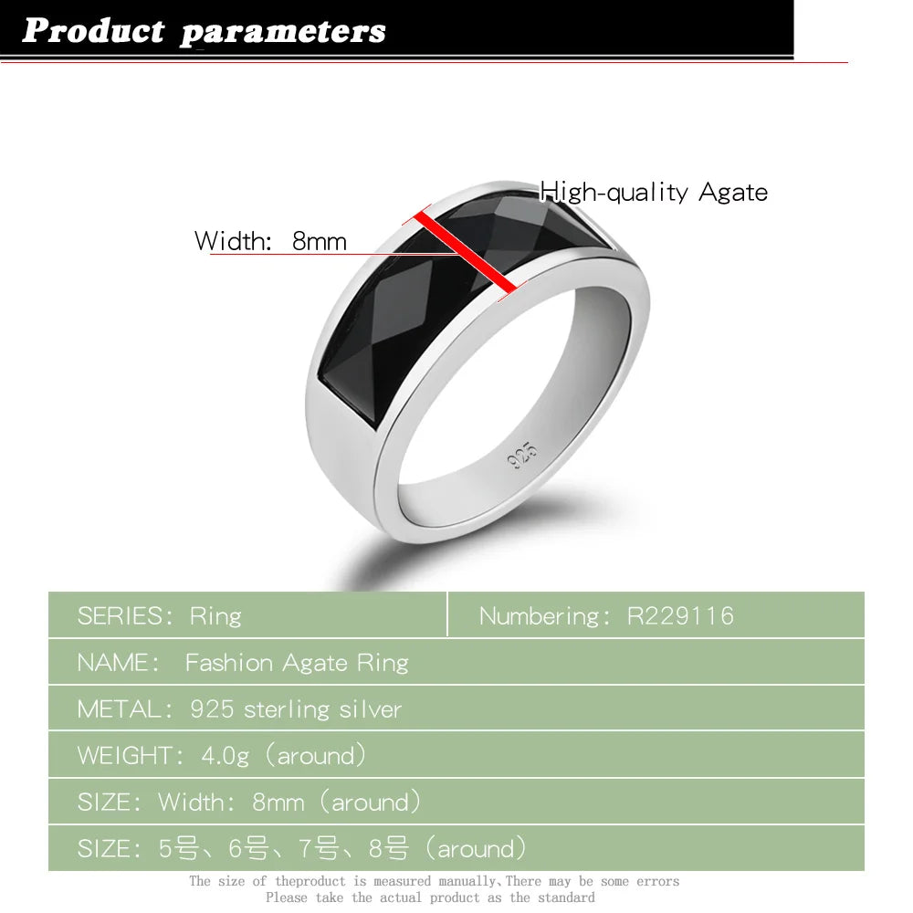Retro 925 Sterling Silver Ring Unisex Fashion Black Agate Stone Ring Atmopheric Jewelry for Boyfriend Gifts