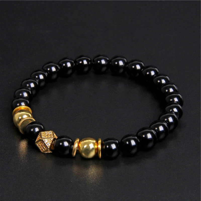 Black Beaded Round Metal Ball Bracelet for Men — Two-Tone