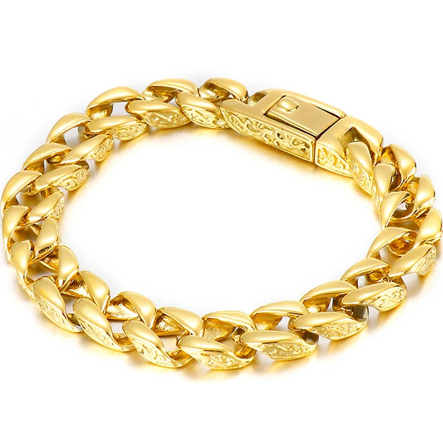 Luxury Gold Color Stainless Steel Bracelet for Man 12MM Wide On Hand Chain Homme Armband Men's Wristband Boyfriend