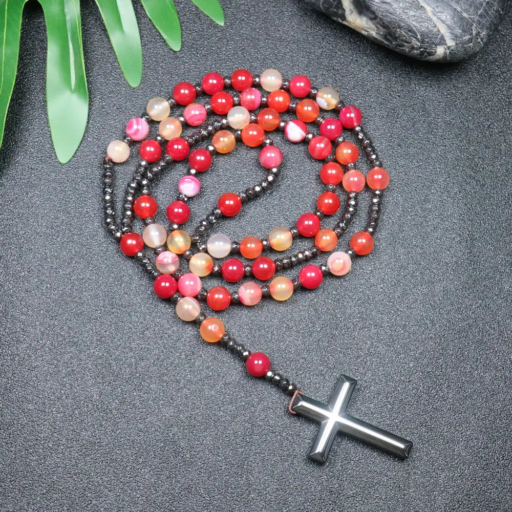 Tiger Eye Black Obsidian Rosary Cross Necklace — Black-Tone, 8mm