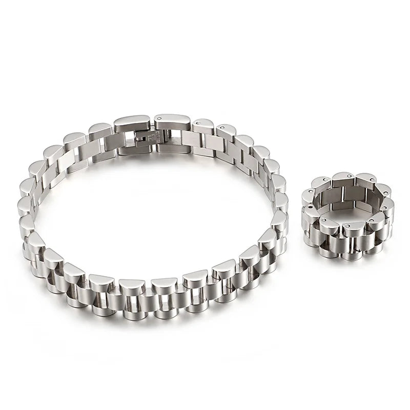 10MM Wide Watch Strap Chain Bracelet Men Luxury Gold Color Stainless Steel Bracelets For Women Finger Ring Men's Single