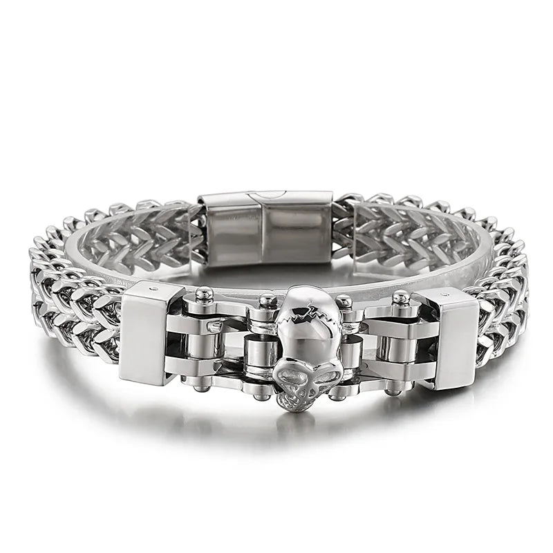 Gothic Stainless Steel Men's Bracelets With Skull Head Double Layer Franco Link Curb Chain Bracelet Man Jewelry With