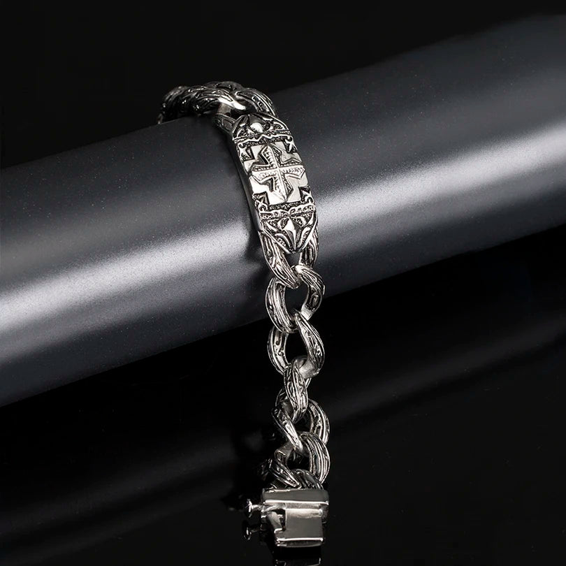 17MM Wide On Hand Cuban Link Chain Bracelet for Man Retro Stainless Steel Men's Cross Bracelets Cool Male Jewelry