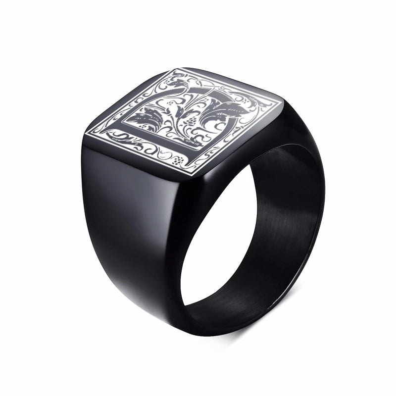 Monogram Black Signet Ring — Stainless Steel