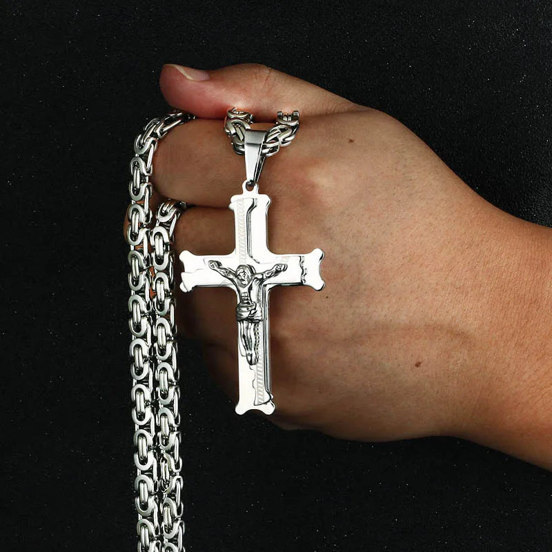 Stainless Steel Crucifix Jesus Byzantine Link Chain Necklace Fish Bone Pattern Cross Pendant Necklace Catholic Jewelry