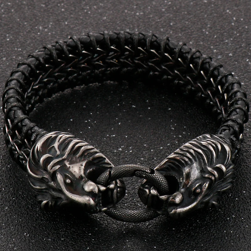 Viking Jewelry Stainless Steel Lion Head Charm Bracelet for Man Cowhide Leather Homme Armbanden Cool Punk Men's Cuff