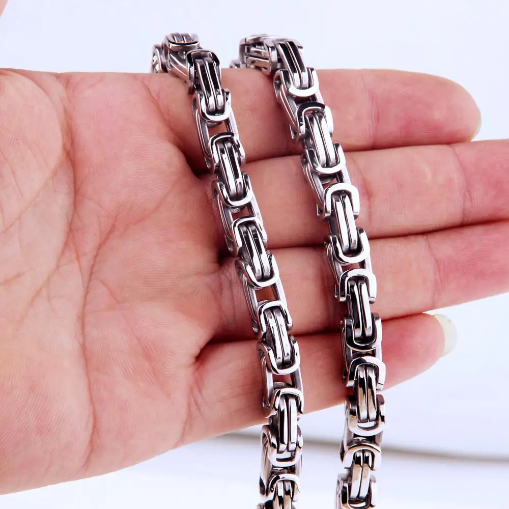 8/12/15MM Wide Fashion Mens Silver Color 316L Stainless Steel Box Chain Byzantine Necklace Wholesale Price