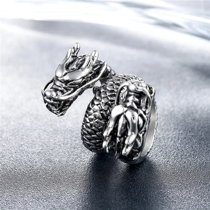 Ring for Women Girls Dragon Snake Fashion Men Jewelry Vintage Ancient Silver Color Punk Hip Hop Adjustable Locomotive
