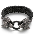 Vintage Double Wolf Lion Head Men's Bracelets Gothic 23CM Long Braided Genuine Leather & Stainless Steel Skull Bracelet