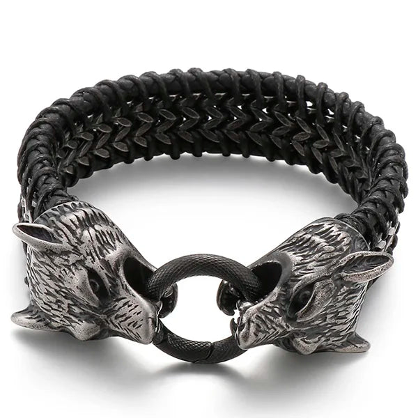 Vintage Double Wolf Lion Head Men's Bracelets Gothic 23CM Long Braided Genuine Leather & Stainless Steel Skull Bracelet
