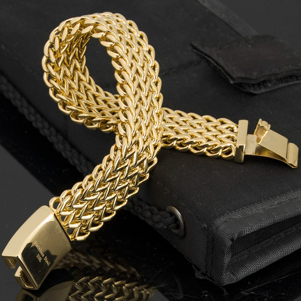 Luxury Yellow Gold Color Bracelet For Men 18MM Wide Stainless Steel Men's Chain Bracelets Metal Jewelry Gifts For