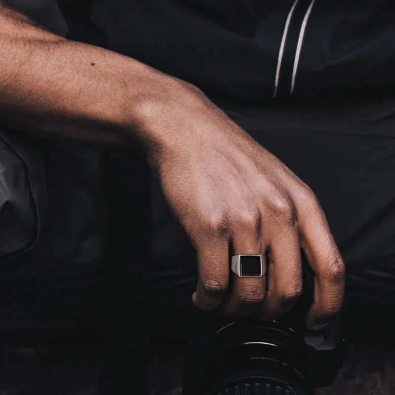 12.5mm Black Square Signet Ring — Stainless Steel