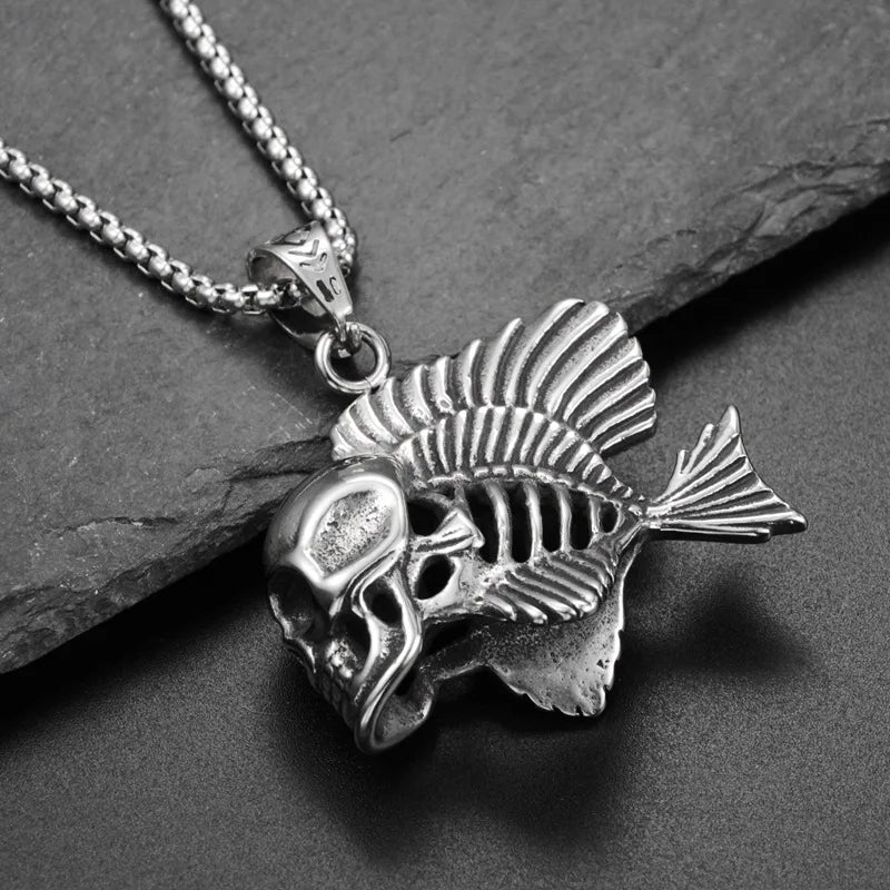 Skeleton Fish Bone Pendant Necklace — Stainless Steel