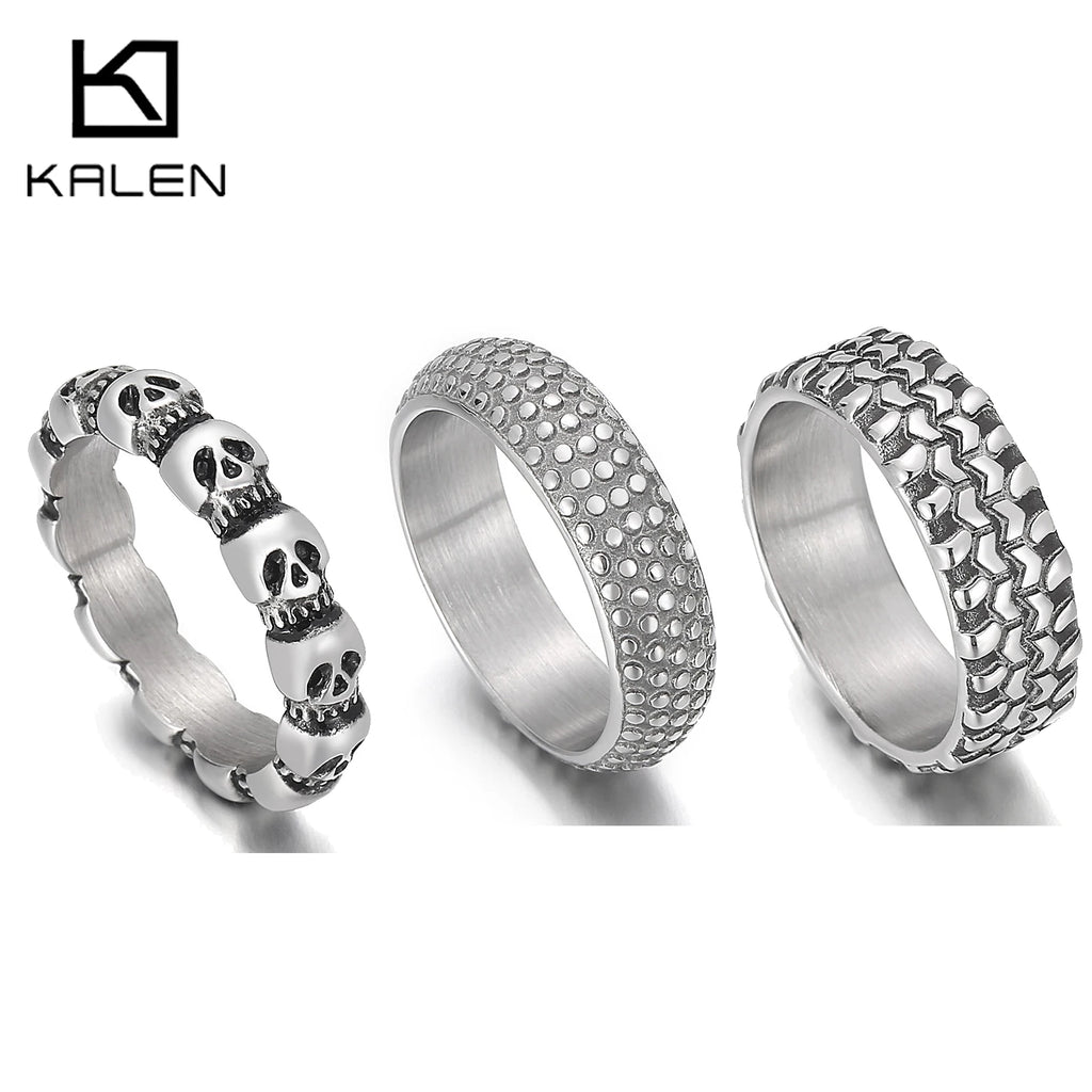 Kalen Punk 316L Stainless Steel Men's Ring Skull Finger Rings Fashion Biker Party Jewelry Round Anillos Accessories Size 8-12