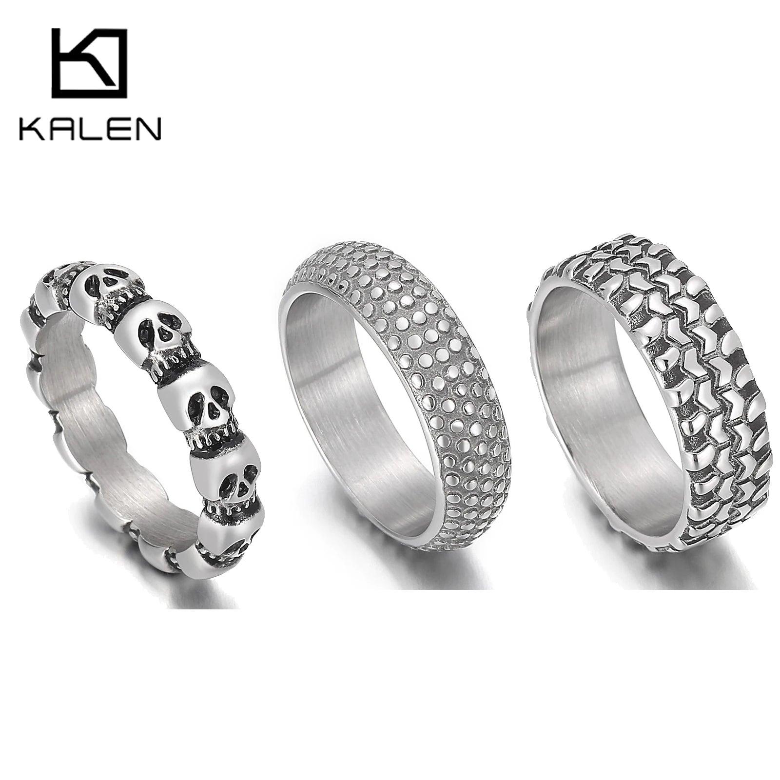 Kalen Punk 316L Stainless Steel Men's Ring Skull Finger Rings Fashion Biker Party Jewelry Round Anillos Accessories Size 8-12