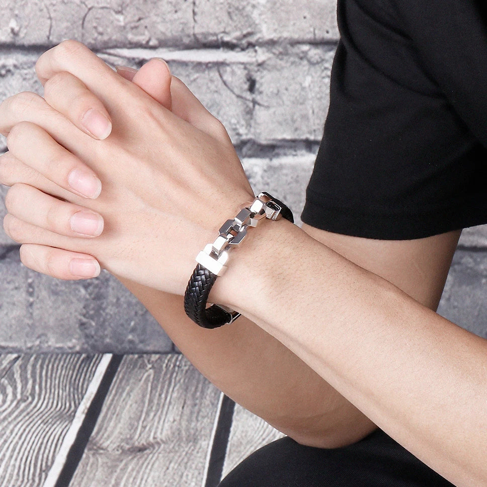 Friendship Man Bracelets Stainless Steel Braided Genuine Leather Wristband Boys Cuff Bracelet Men Jewellery Gifts For