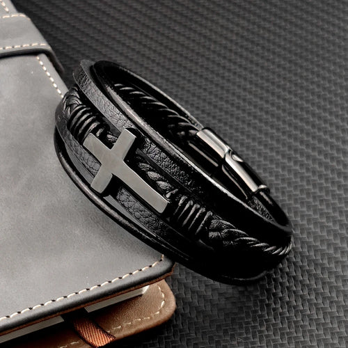 Black Multilayer Cross Letter Woven Bracelet — 316L