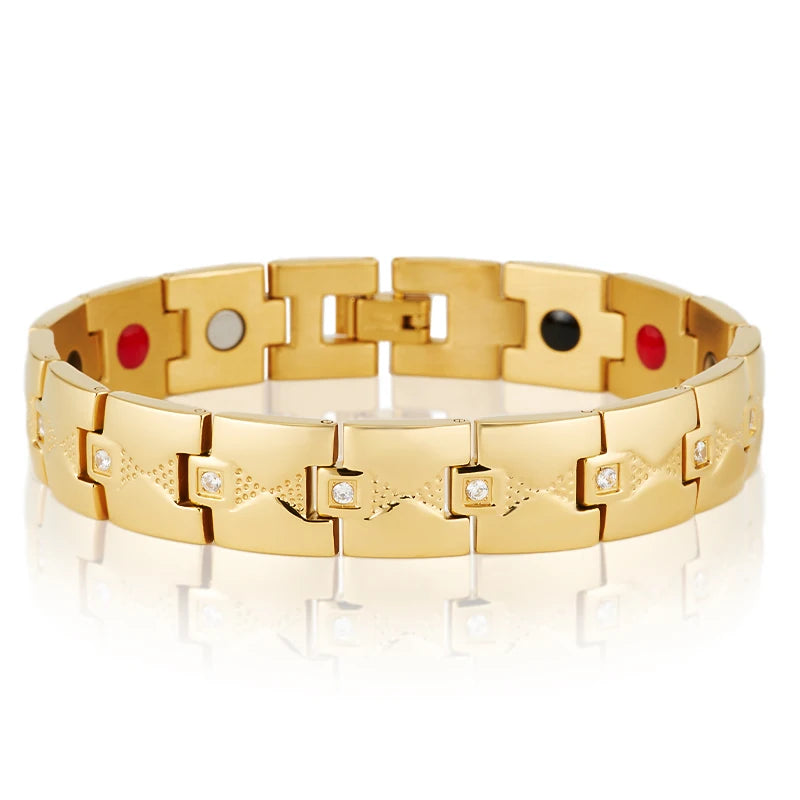 Gold Color Stainless Steel 4 In 1 Magnetic Therapy Bracelet for Man Arthritis Pain Relief and Carpal Tunnel Men's Boys