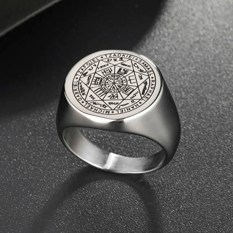 Valily Seal of The Seven Archangels Rings Stainless Steel Silver--Color Saint Michael Ring Jewelry Engraving for Man