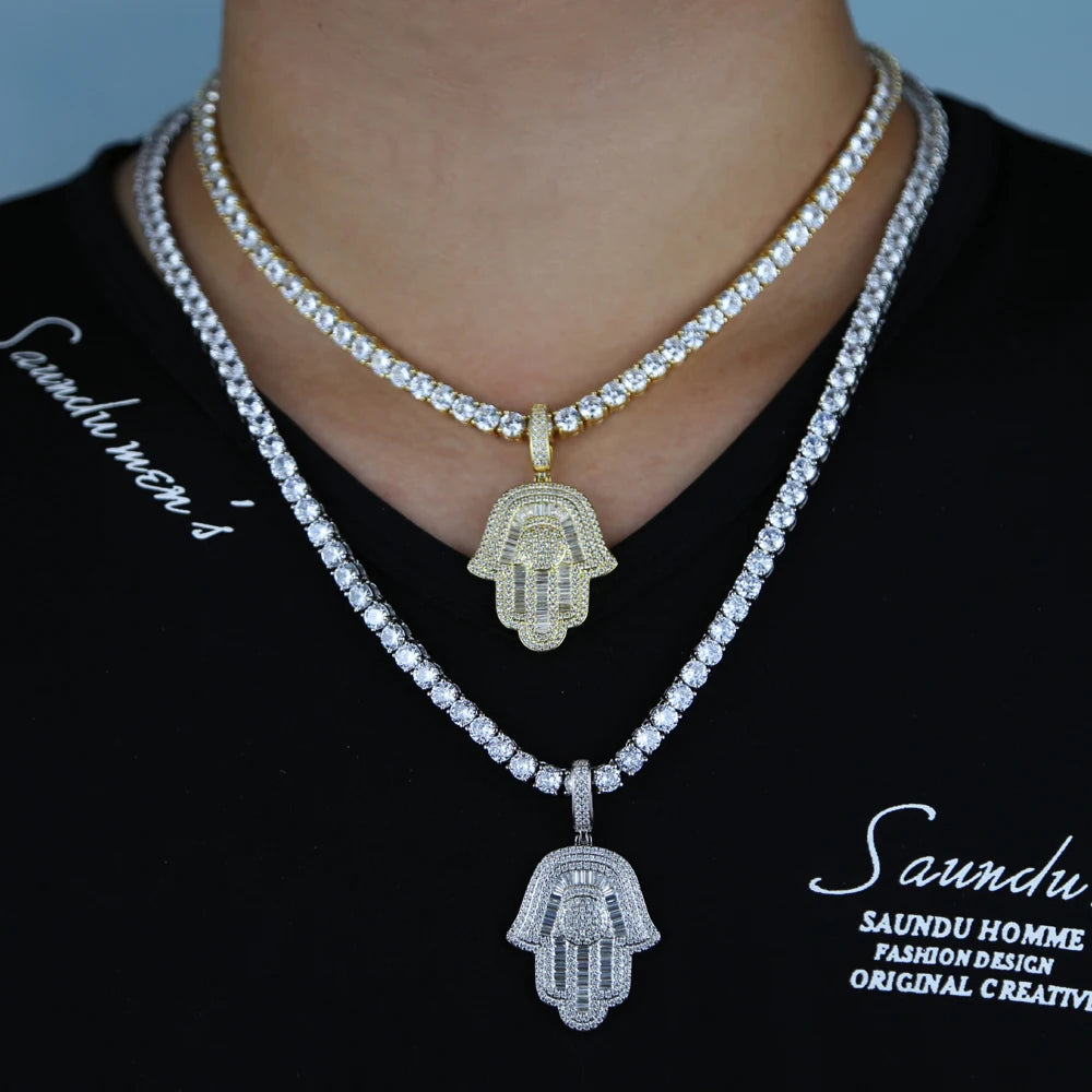New Hamsa Hand Pendant Necklace 5mm Tennis Chain Hip Hop Iced Out Cubic Zirconia Sliver Color 5A CZ Stone Charm Jewelry