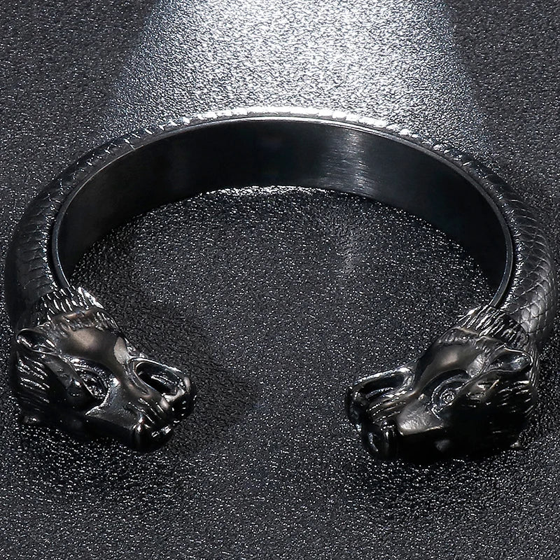 Gold Color Stainless Steel Lion Head Open Bangles For Men Elastic Adjustable Leather Bracelets Boys Hand Accessories