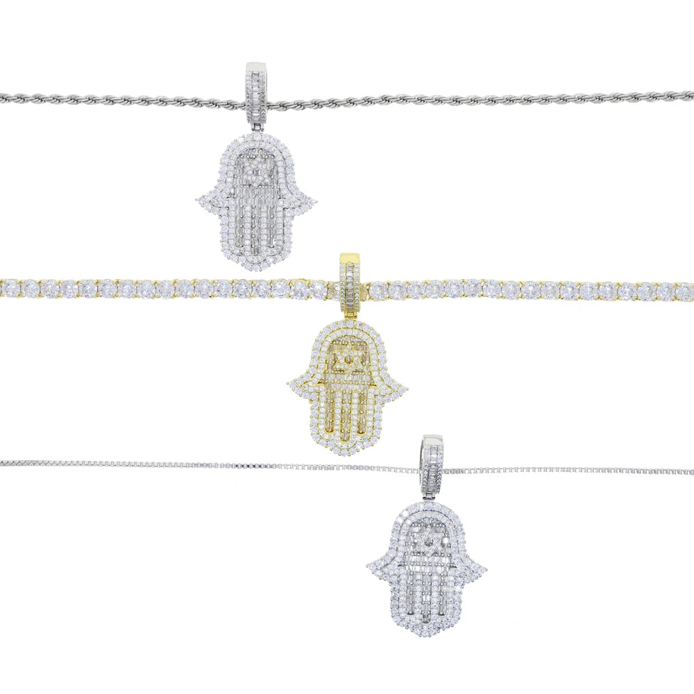 Iced Out Hamsa Hand Pendant Necklace Micro Pave Cubic Zirconia For Women Bling 5A CZ Box Chain Hip hop Boy Men Jewelry