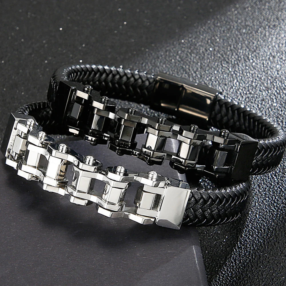 Stainless Steel Bikers Motorcycle Bike Chain Man Bracelet for Men Braided Leather Cuff Wrap Wristband Bangle With