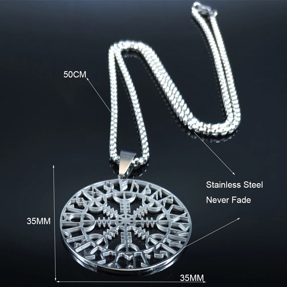 Viking Compass Helm Rune Amulet Necklace Silver Color Stainless Steel Symbol of Protection Necklace Pagan Jewelry