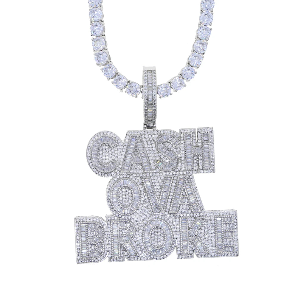 New Cash Ova Broke Pendant Necklace Hiphop Rock Iced Out Bling 5A Zircon Silver Color Cz Tennis Chain Letter Charm Men