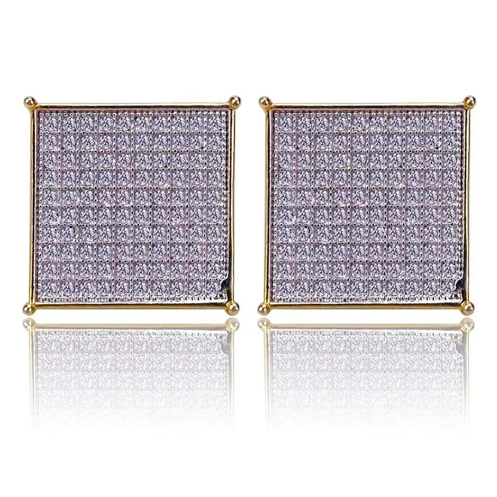 Iced Out Square Stud Earrings — Micro Pave CZ, Gold-Tone