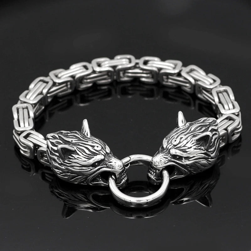 Men's Stainless Steel Viking Wolf Head Bracelet Vintage Personality Thick Chain Biker Punk Hip Hop Wristband Jewelry