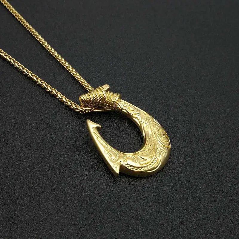 Nordic Viking Fish Hook Pendant Necklace — Gold, Stainless Steel