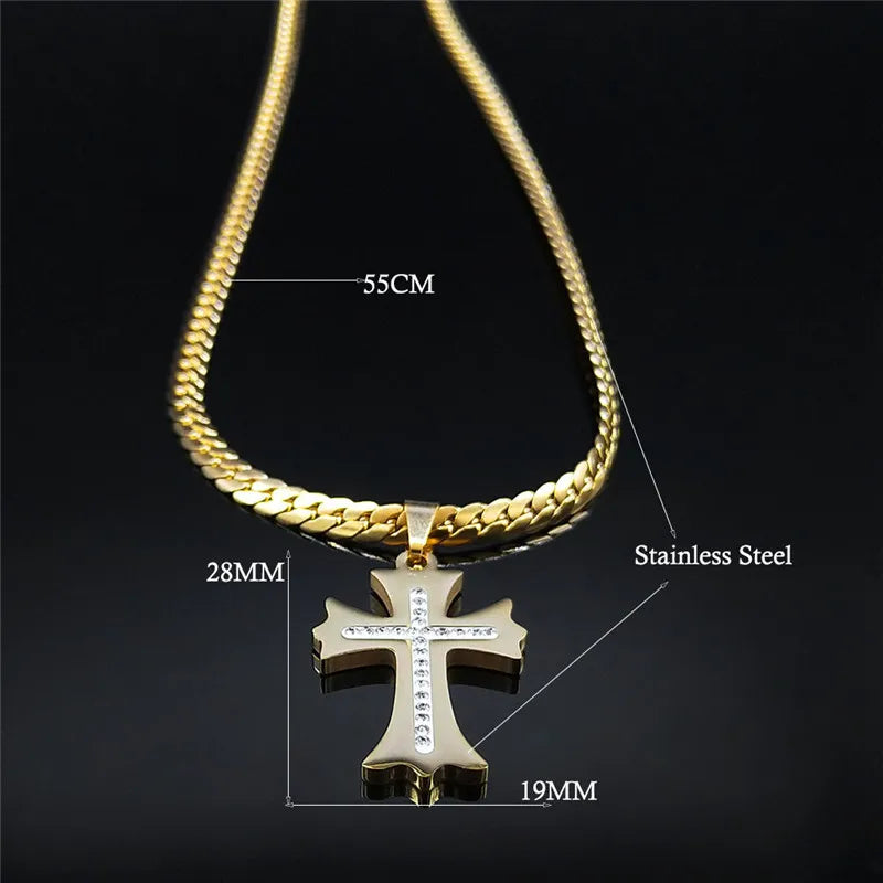 Cross Gold Pendant Crystal Catholic Collar Choker