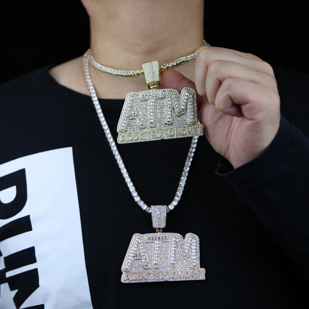 Iced Out Bling 5A CZ Letters ATM Addicted To Money Pendant Necklace 2 Colors Cubicz Zircon Men's HipHop 5mm Tennis Chain Jewelry