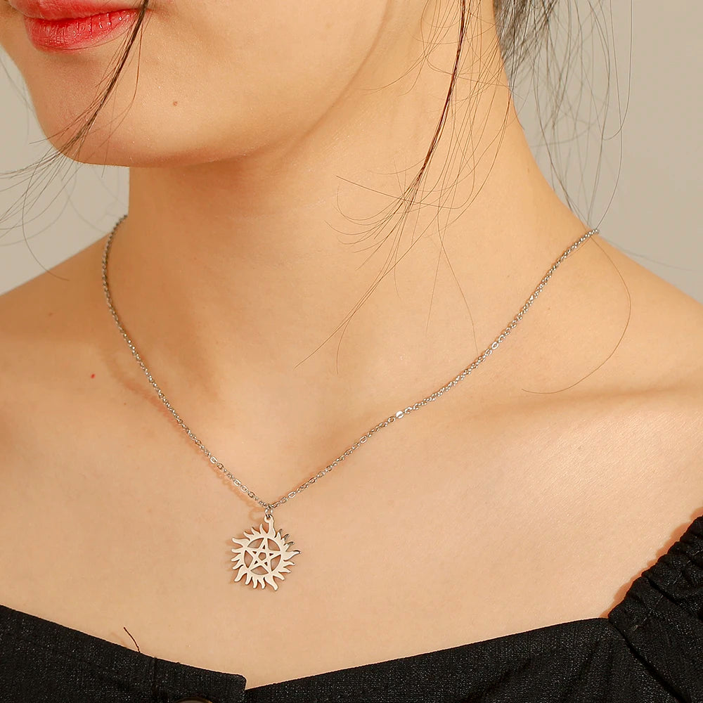 COOLTIME Supernatural Sun Pentagram Pendant Necklace for Women Men Stainless Steel Hollow Star  Box Chain Necklaces Couple Gifts