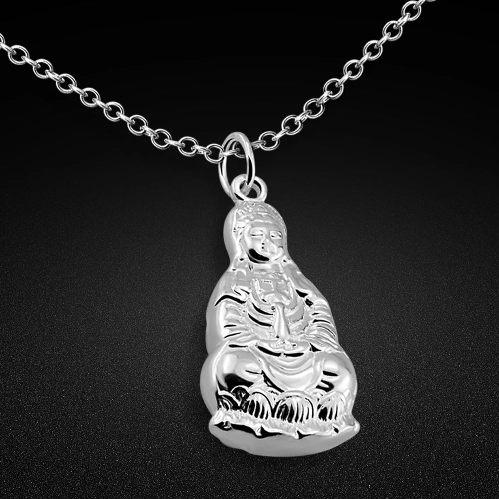Chinese style Vintage Women's 925 Silver Necklace-Buddha Pendant Solid Silver O Chain Clavicle Necklace Collar Charm Jewelry
