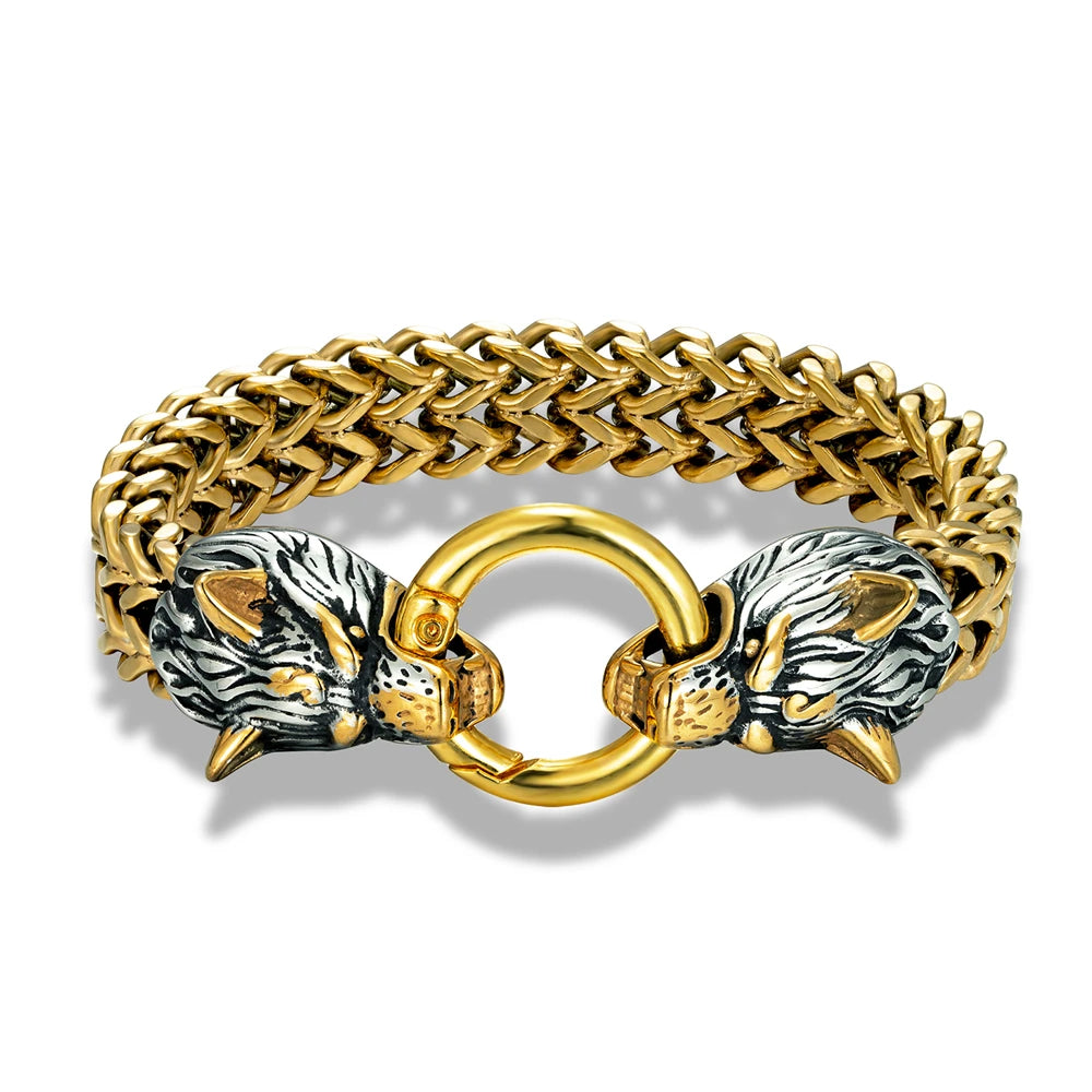 Norse Wolf Head Link Bracelet — Stainless Steel